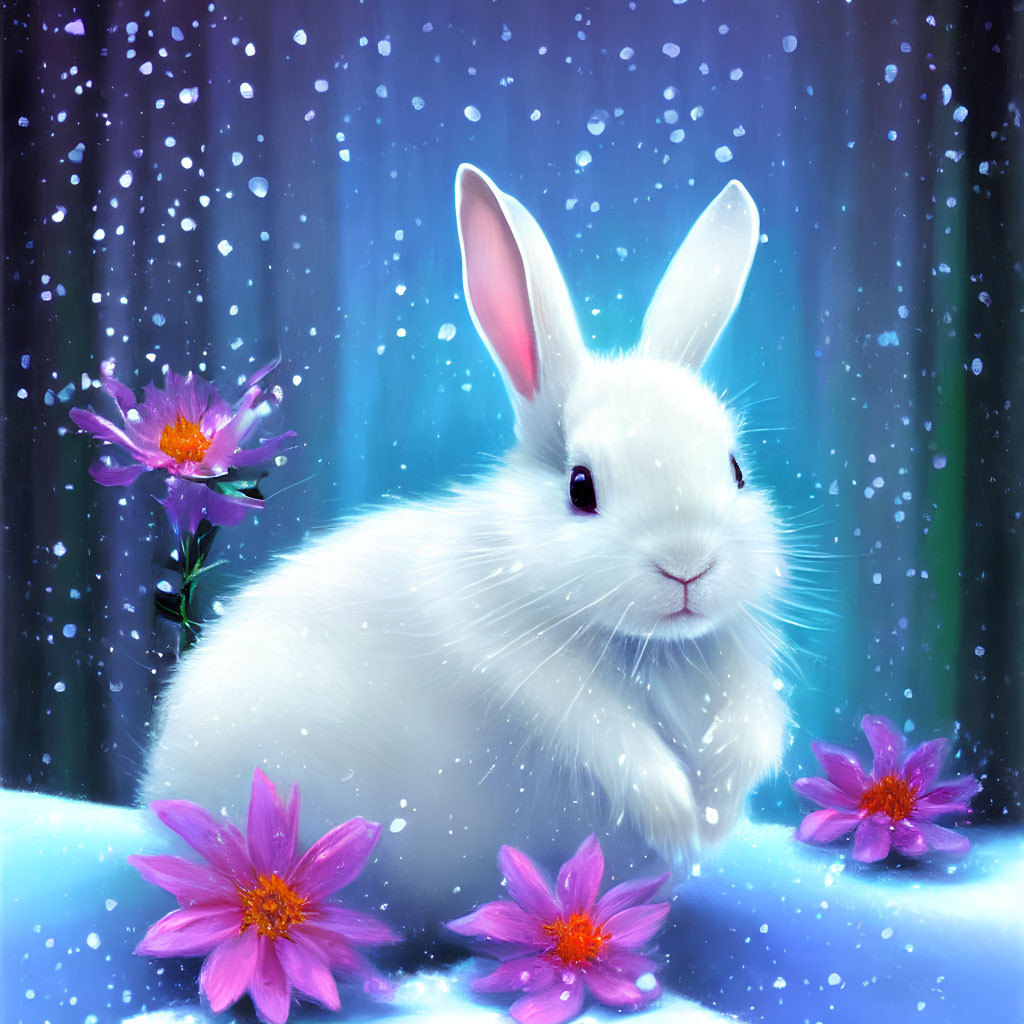 White Rabbit Surrounded by Snowflakes and Pink Flowers on Blue Background