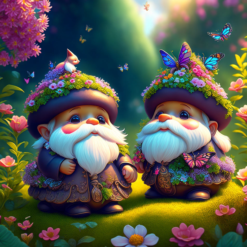 Colorful garden gnomes with floral hats in magical forest scene