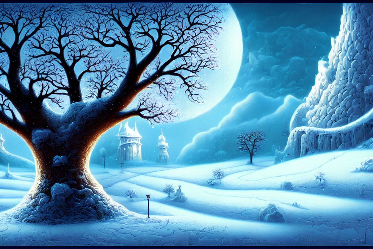 Winter night scene with large tree, glowing moon, distant castle, and snowy landscape