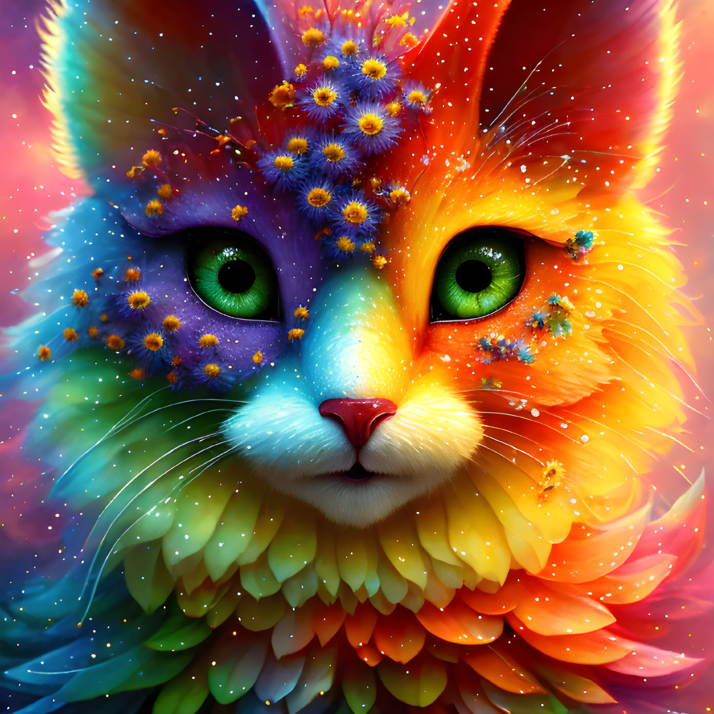 Multicolored Cat with Green Eyes and Flowers in Fur in Rainbow Spectrum