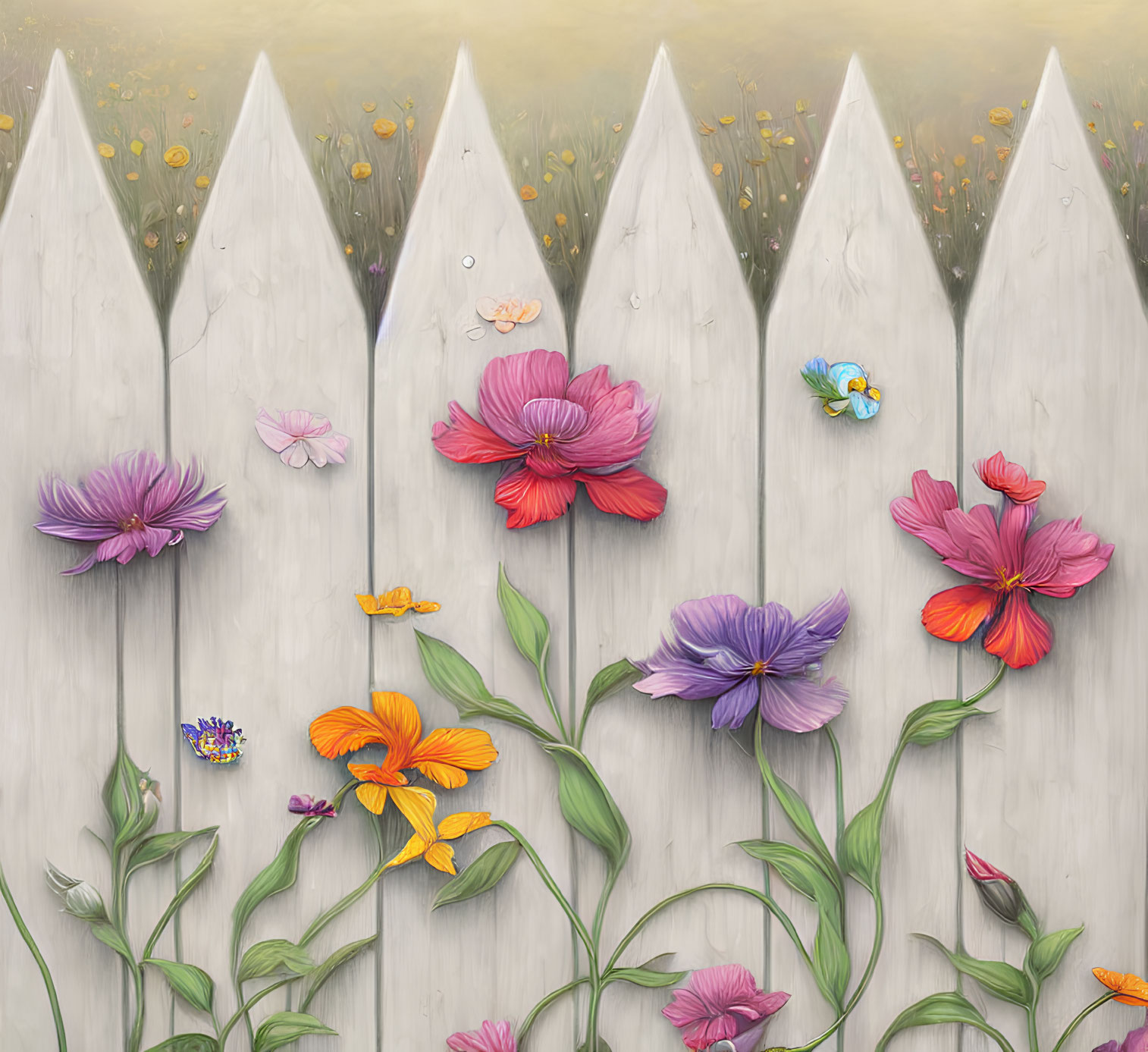 Colorful Flowers and Butterflies on White Wooden Fence in Foggy Setting