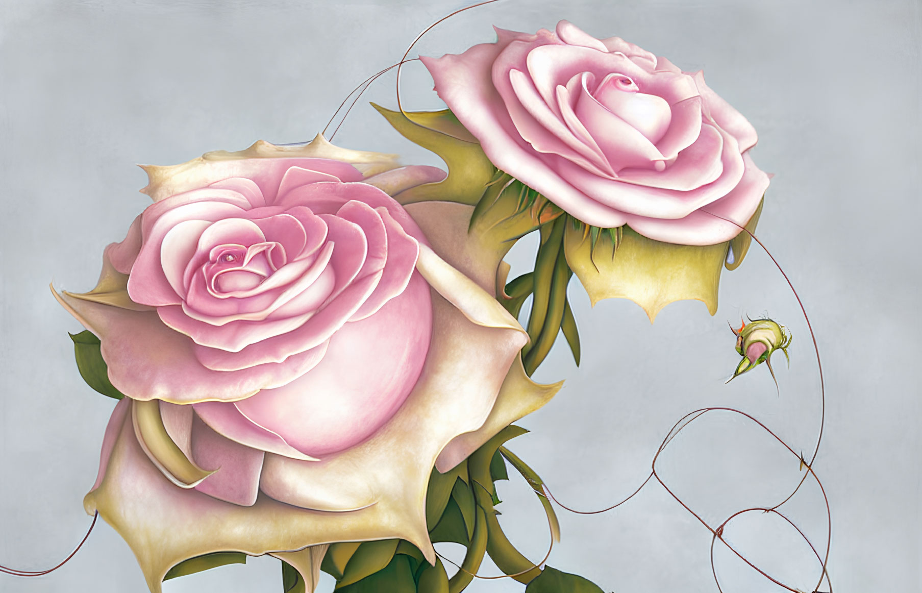 Detailed Pink Roses with Bud on Muted Gray Background