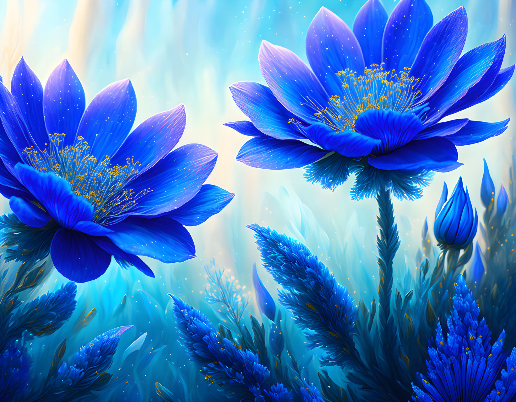 Vibrant Blue Flowers with Yellow Centers on Mystical Blue Background