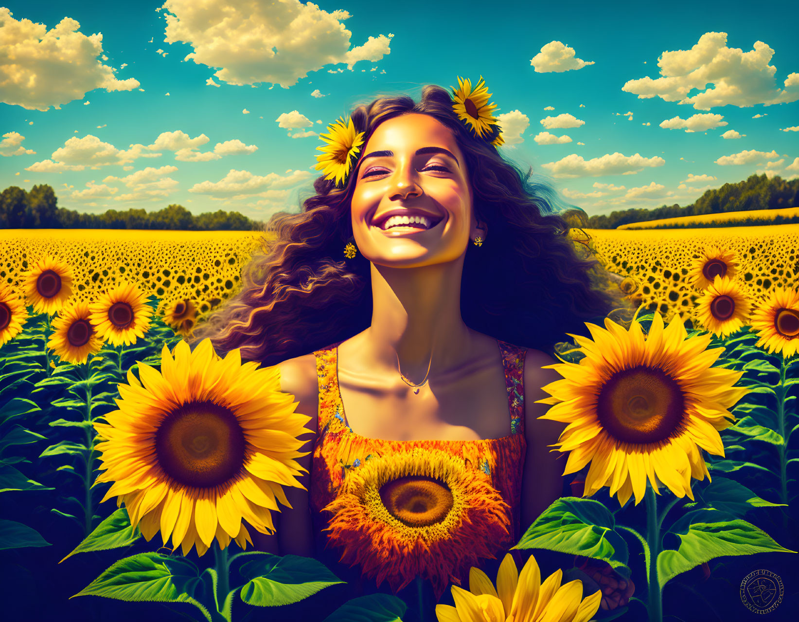 Woman with Sunflowers in Hair Standing in Sunflower Field