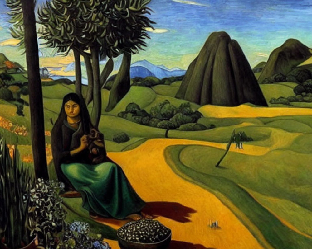 Surreal painting of seated woman with clay pot in green landscape