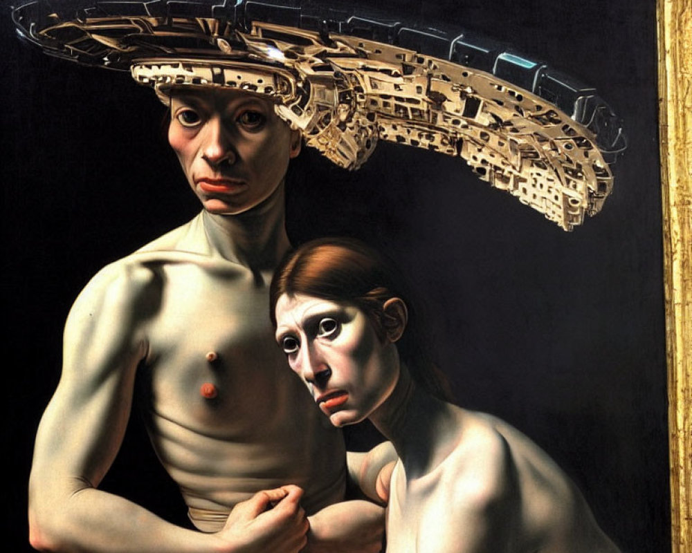 Surreal painting of figures with Space Station headgear in classical pose