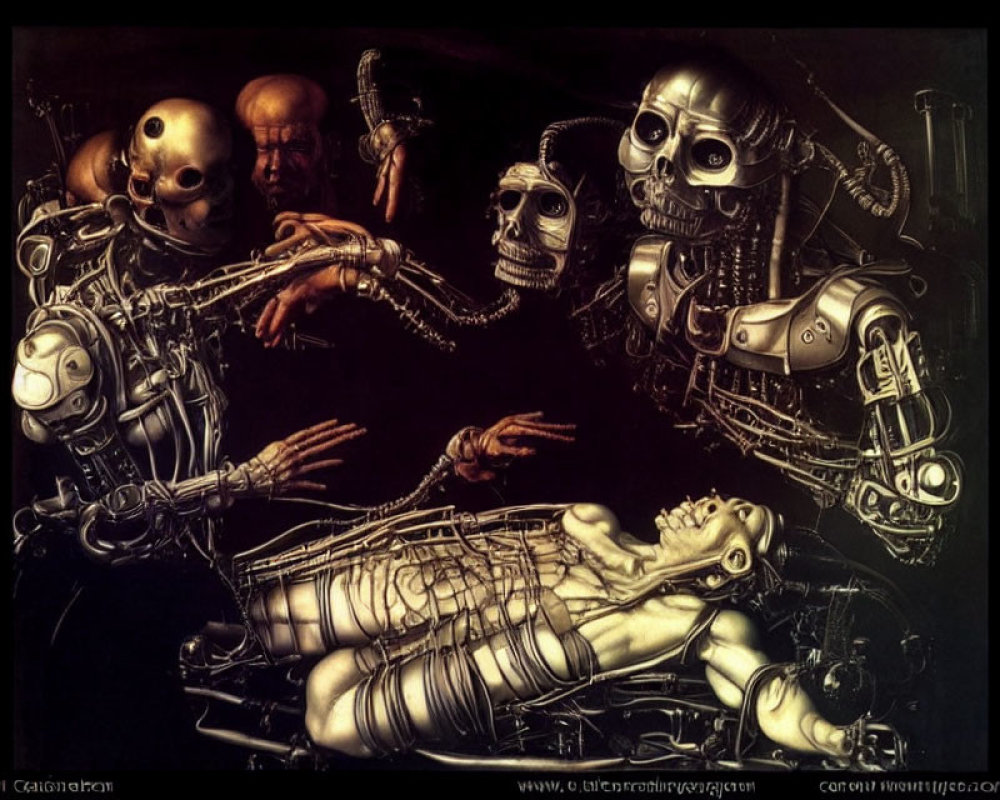 Surreal dark art: mechanical and organic figures with prominent skeletal figure