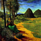 Surreal painting of seated woman with clay pot in green landscape