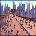 City skyline backdrop with cyclists on bridge illustration.