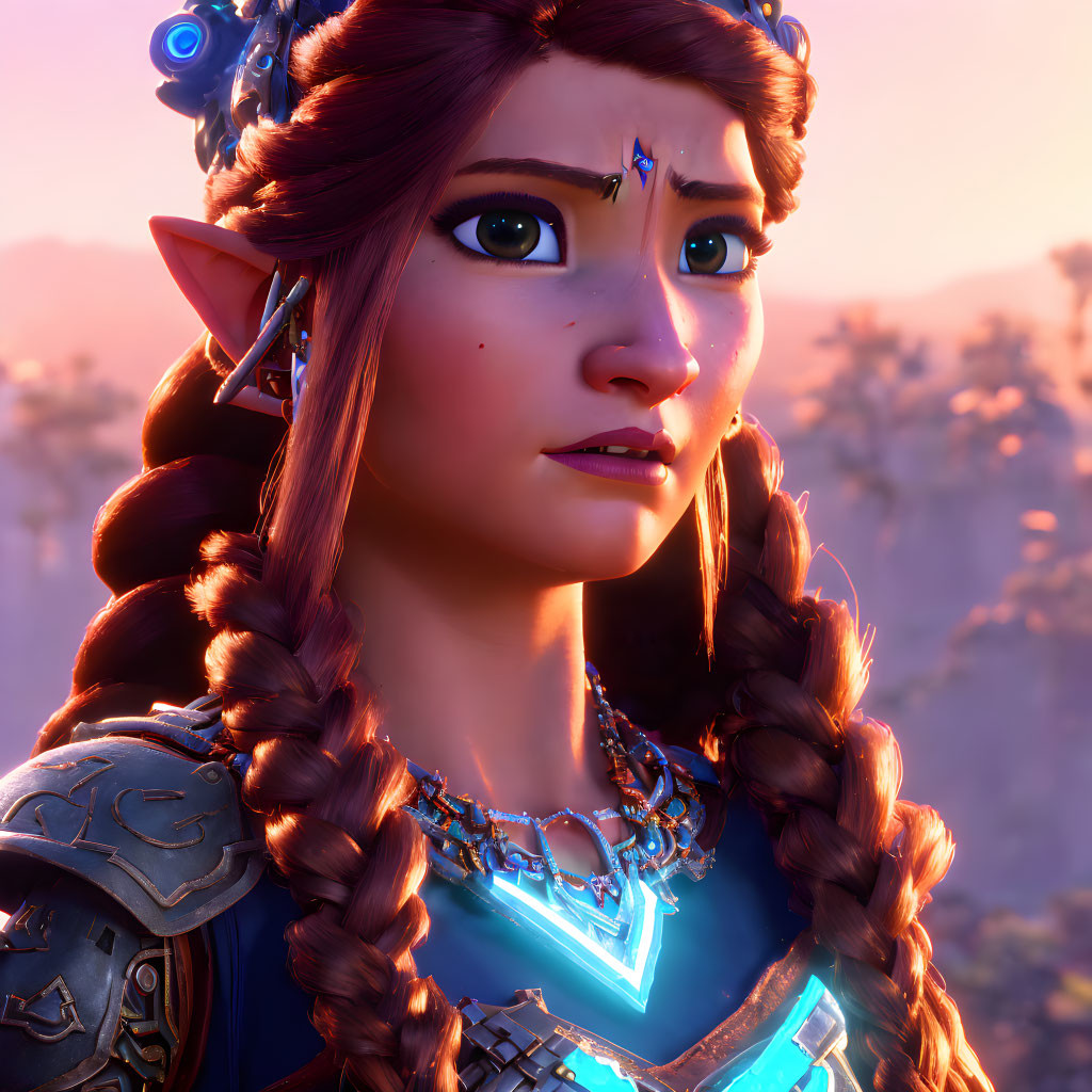Female animated character with braided hair, elf-like ears, ornate headgear, and blue glowing