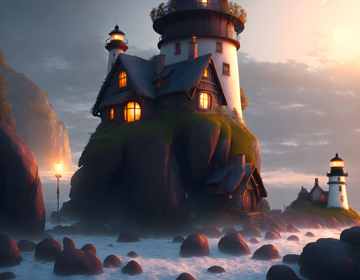 Cozy multi-story house on seaside hill with lighthouse at dusk
