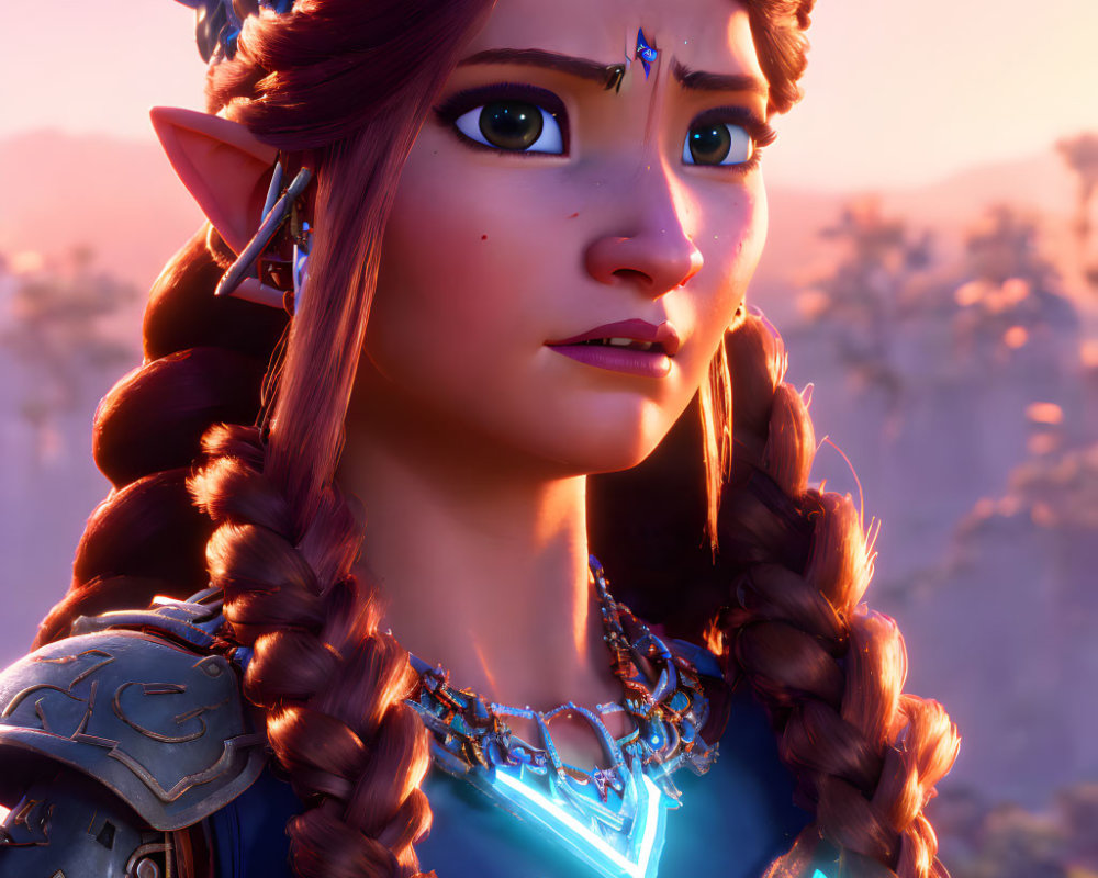Female animated character with braided hair, elf-like ears, ornate headgear, and blue glowing