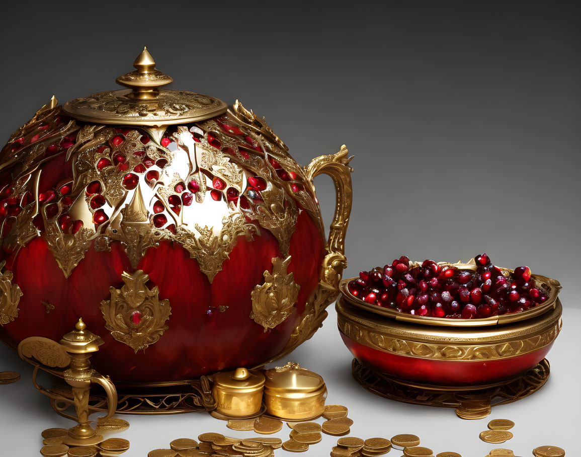 Giant Red and Gold Fabergé Egg with Cranberries and Gold Coins