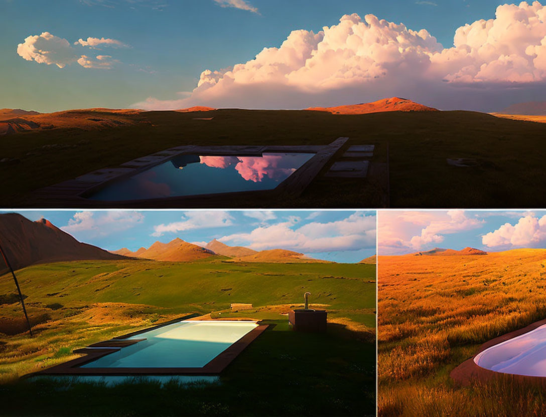 Tranquil landscape with infinity pool & rolling hills under changing skies