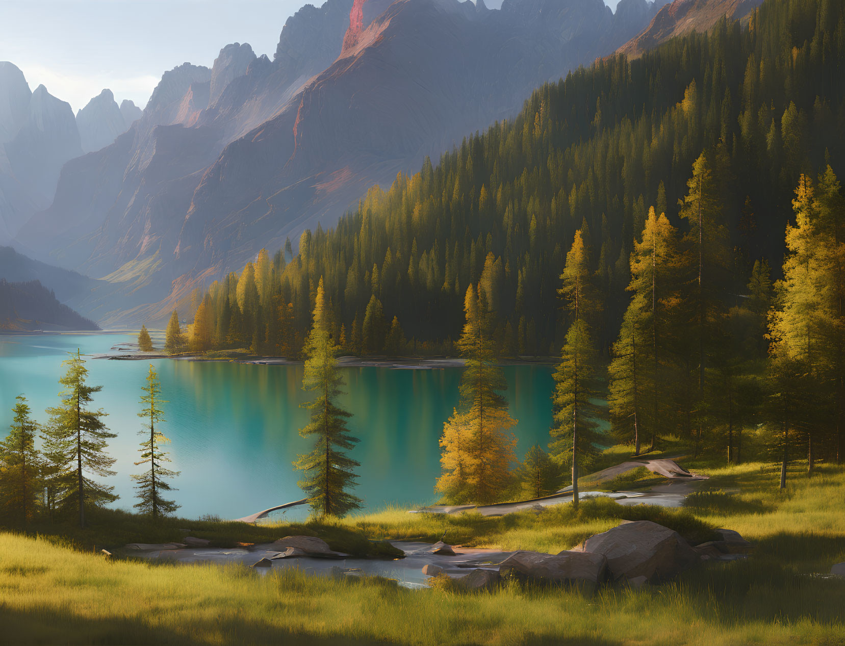 Tranquil landscape with clear lake, pine trees, and mountains