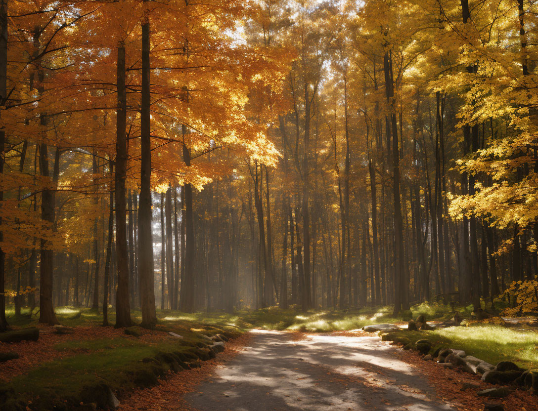 Tranquil Autumn Forest Path with Sunbeams