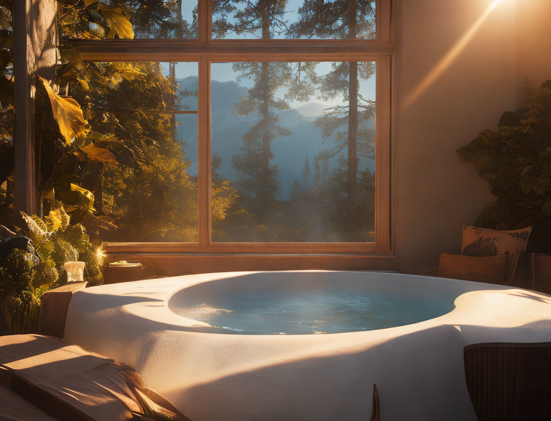 Tranquil indoor hot tub with forest view at sunset