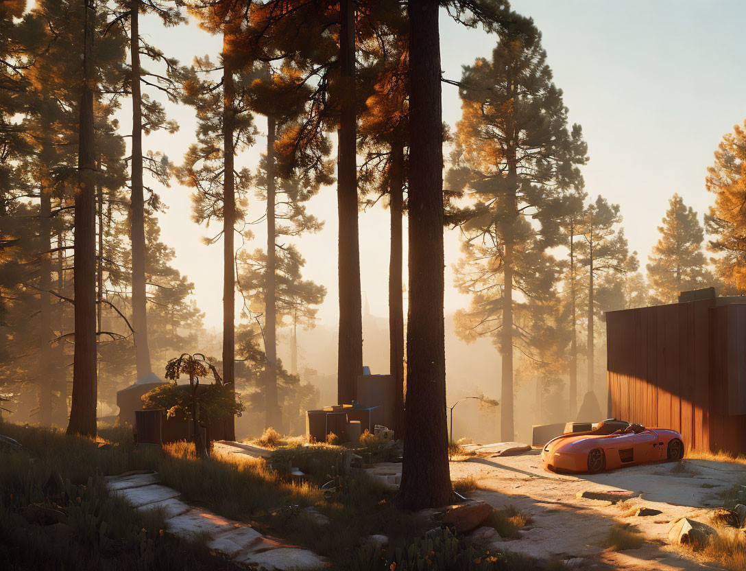 Sunrise forest scene with sunbeams, modern house, and sports car