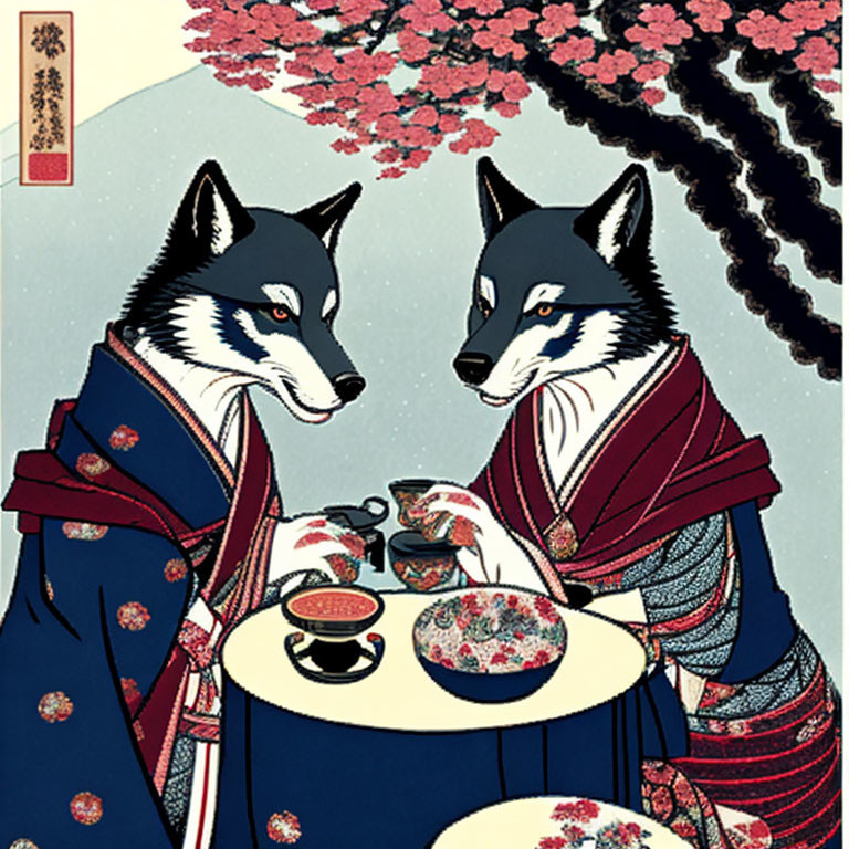 Anthropomorphic wolves in Japanese attire enjoying tea under cherry blossoms
