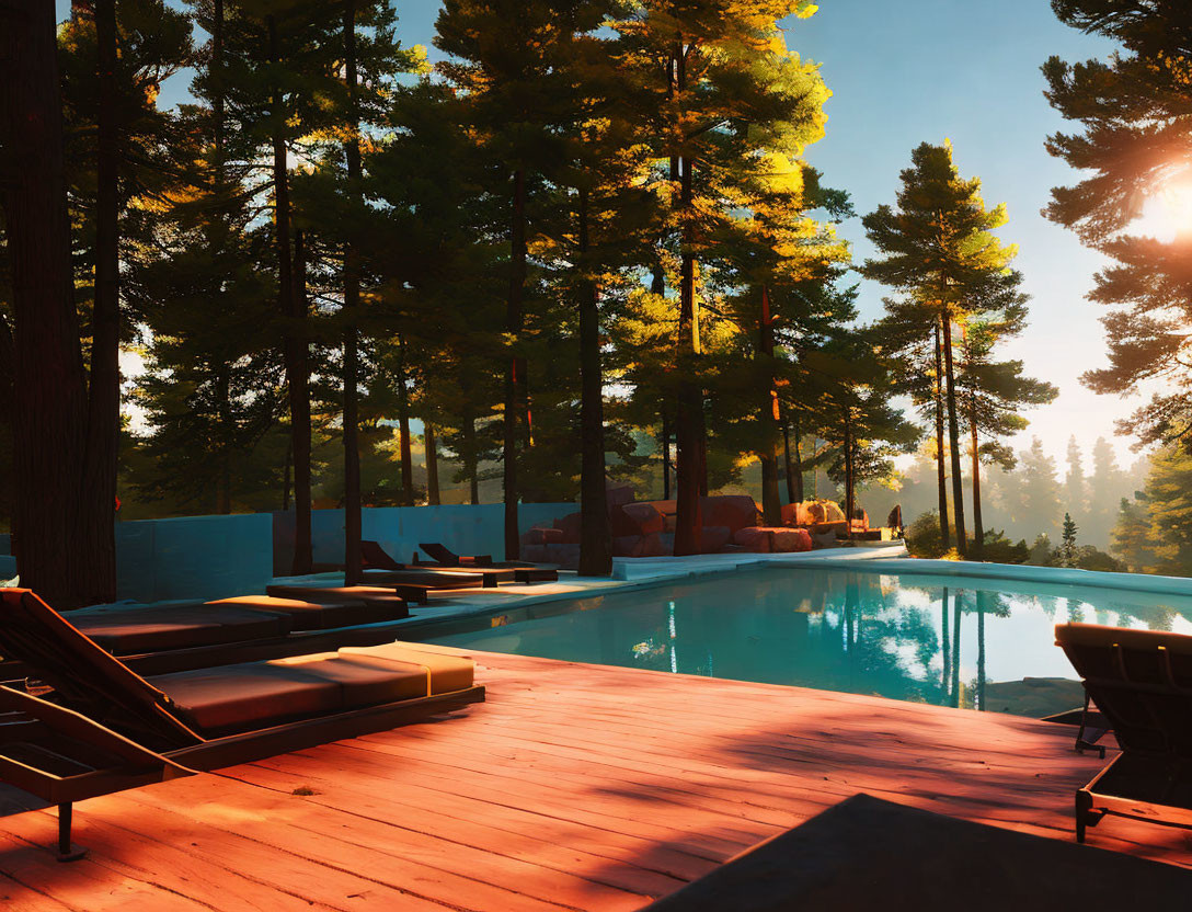 Serene infinity pool with pine trees and sun loungers on wooden deck