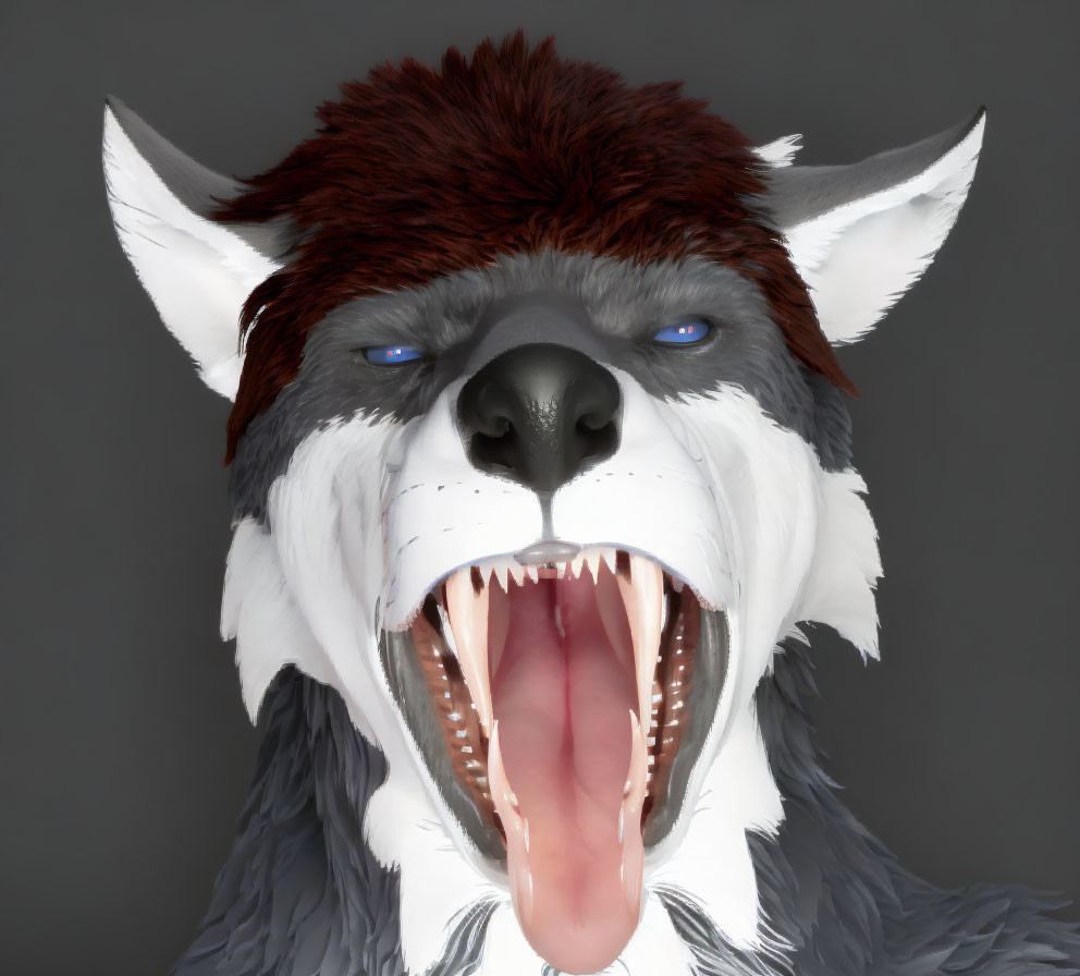 Anthropomorphic wolf with blue eyes, grey and white fur, and red mane.