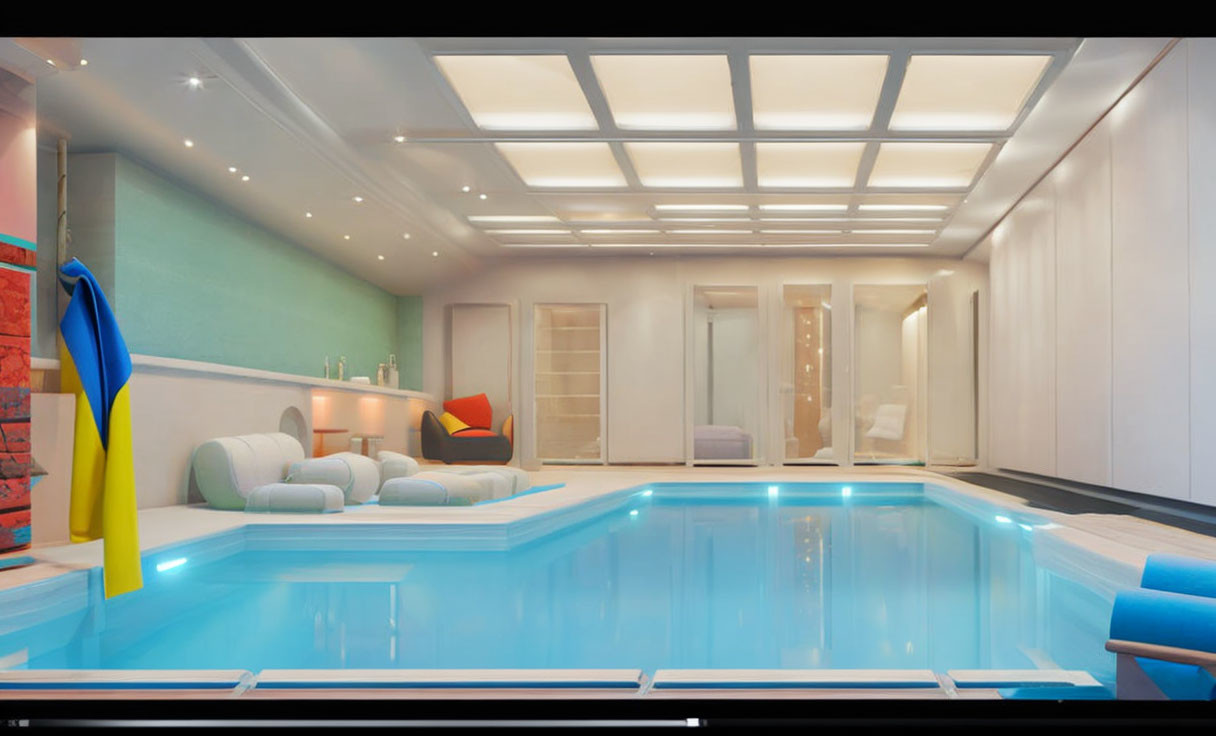Spacious Indoor Pool Area with Skylight and Colorful Seating
