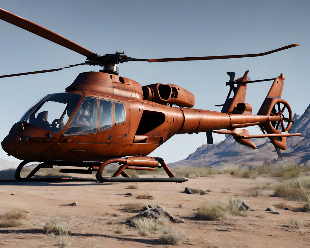 Red Twin-Rotor Helicopter on Desert Terrain with Mountains and Clear Sky