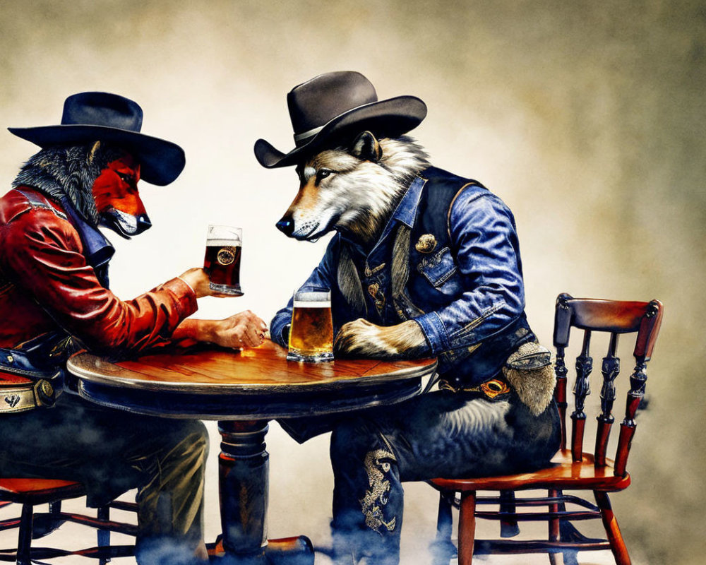 Bear and wolf in Western attire having a drink at a table