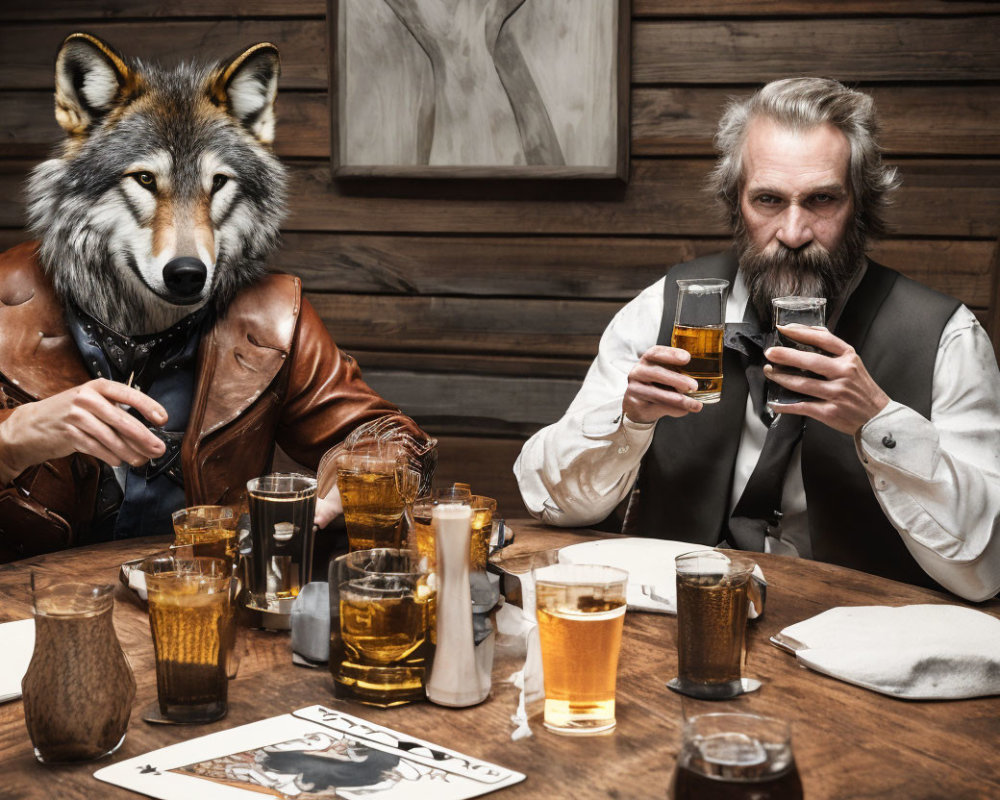 Person in wolf mask and bearded man in vintage attire at table with beer glasses and playing cards