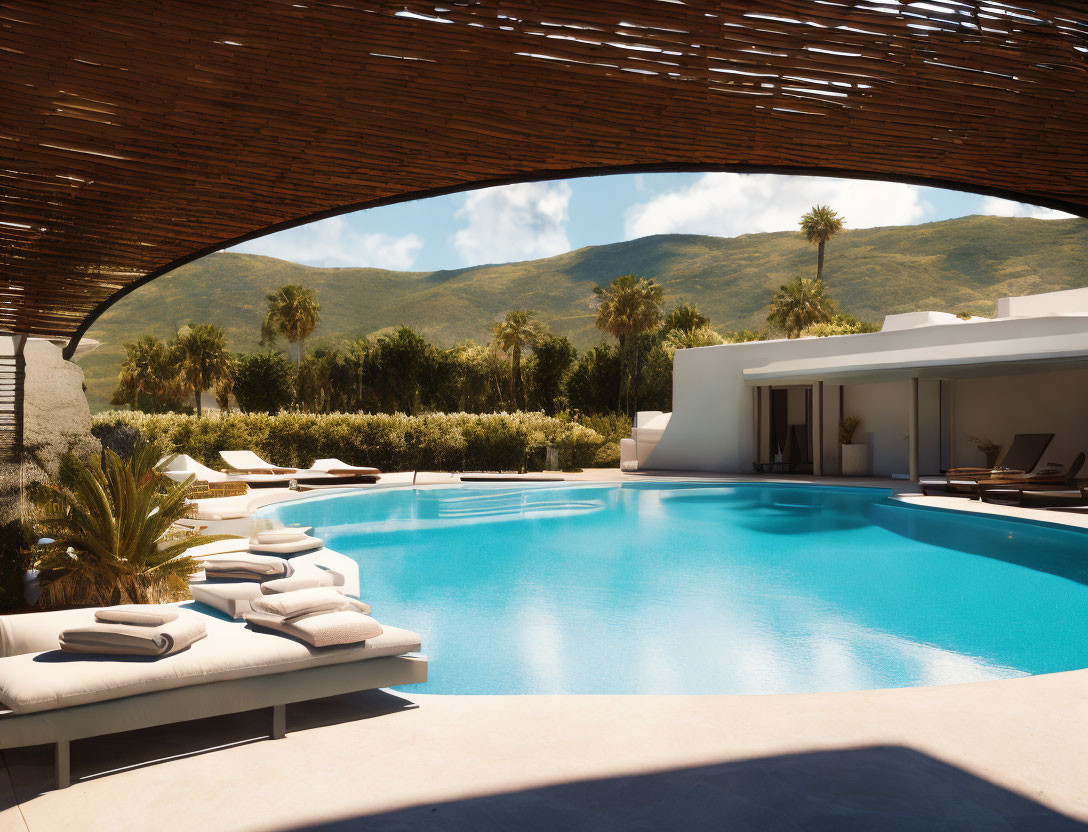 Luxurious pool with clear blue water, white sun loungers, curved pergola, modern building,
