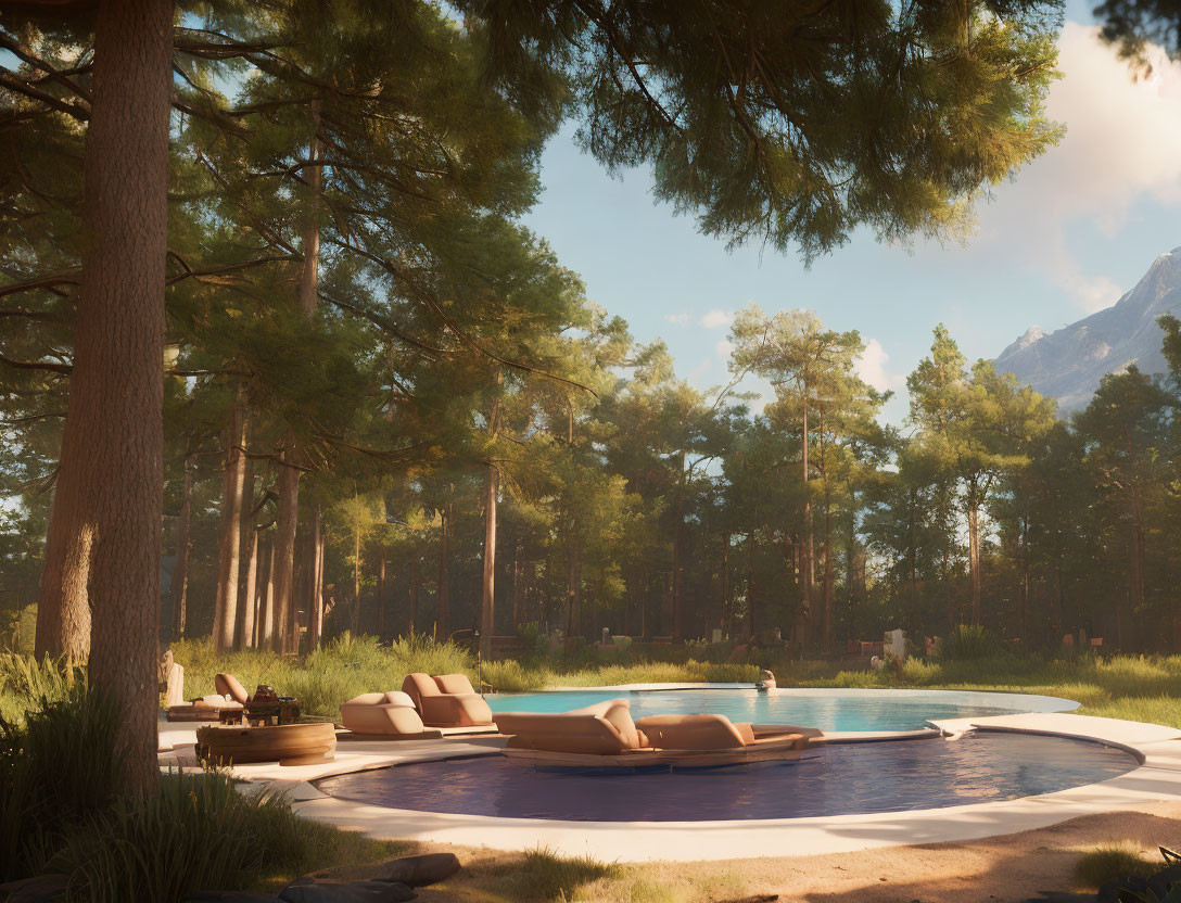 Tranquil outdoor pool with pine trees, mountains, and sun loungers