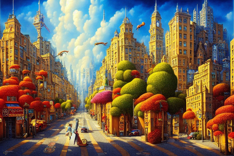 Colorful painting of sunlit street with ornate buildings, trees, and people.