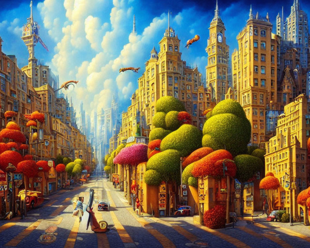 Colorful painting of sunlit street with ornate buildings, trees, and people.