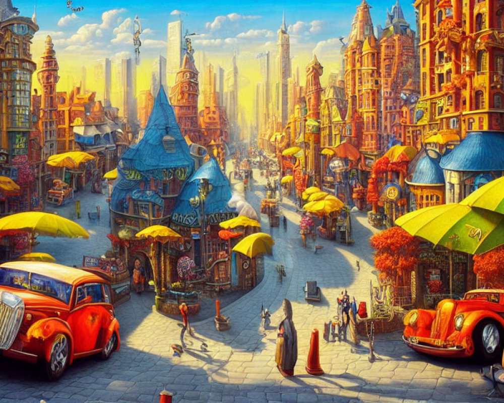 Colorful cityscape with classic cars, yellow umbrellas, and floating islands.