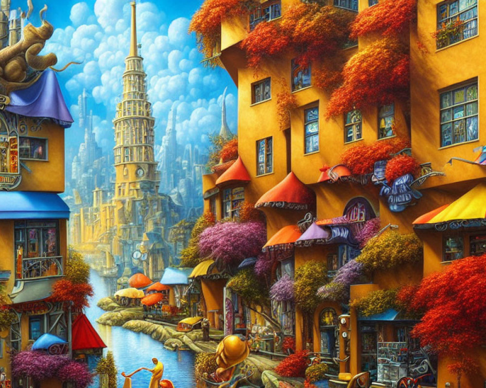 Whimsical cityscape with colorful architecture and magical details