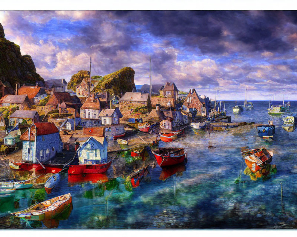 Scenic coastal village with colorful boats, stone houses, and dramatic sky.