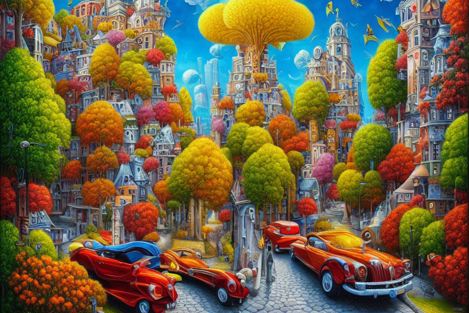 Colorful cityscape with whimsical architecture and vintage cars under a fantastical sky.