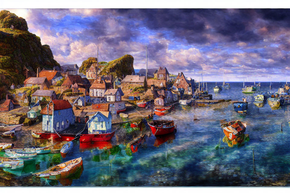 Scenic coastal village with colorful boats, stone houses, and dramatic sky.