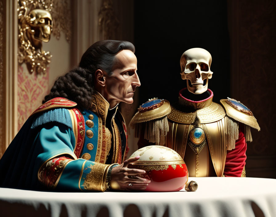 Detailed European nobleman in ornate attire staring at golden skull