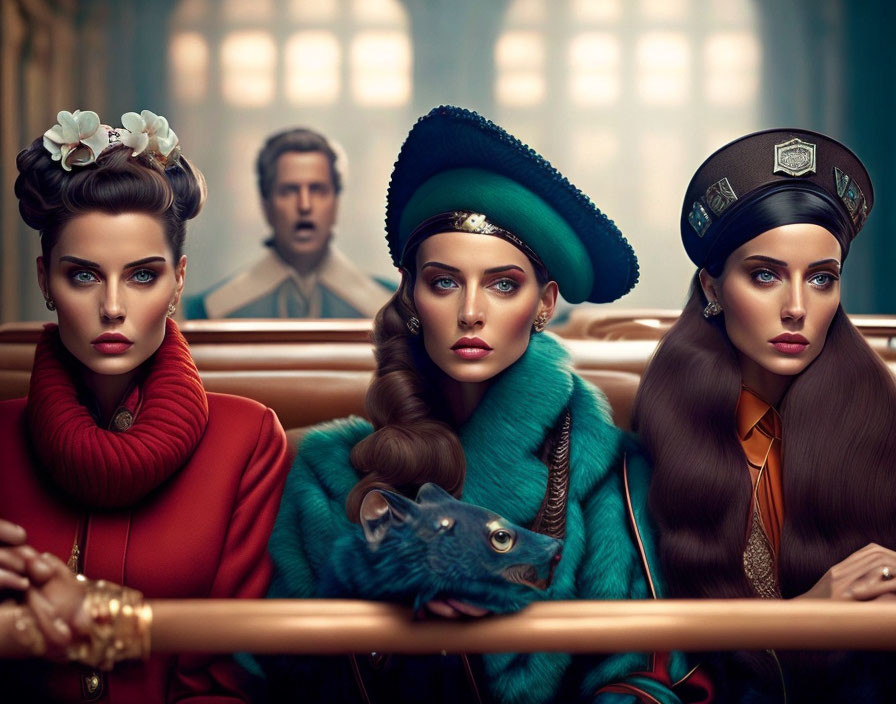 Three women in vintage attire with stylish hairdos sitting in a bus, one holding a rat, with