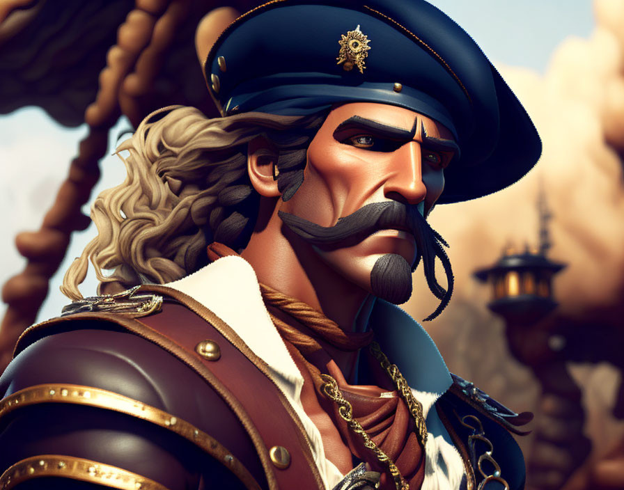 Animated pirate captain with tricorne hat and mustache under cloudy sky