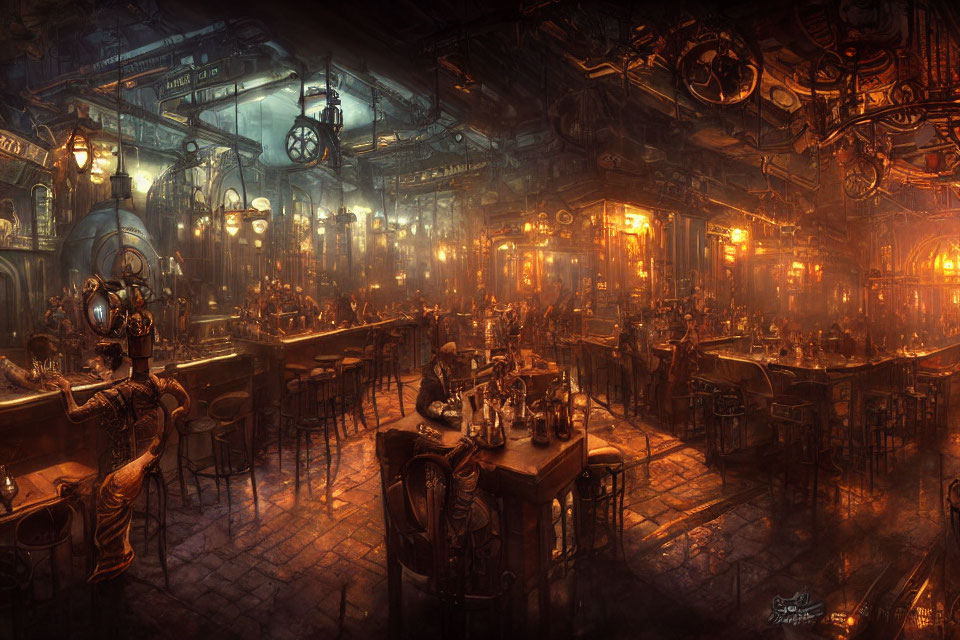 Dimly-Lit Steampunk Tavern with Patrons and Ornate Metalwork
