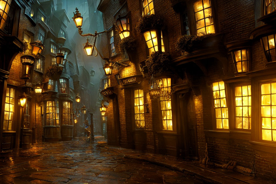 Glowing windows and vintage lanterns in atmospheric cobblestone alley