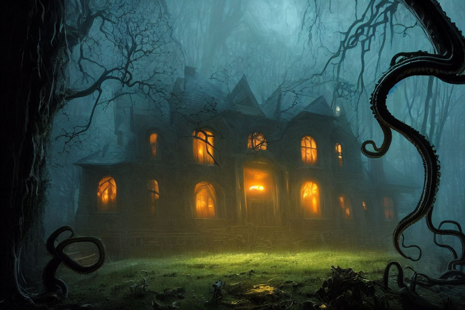 Eerie old house in misty forest with glowing windows