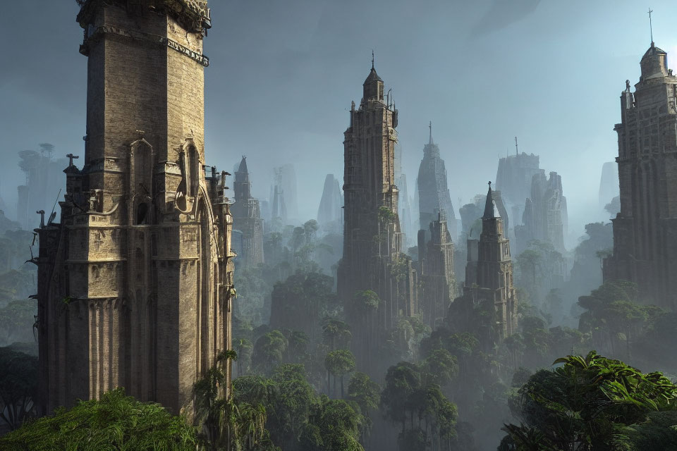 Mystical Gothic cityscape in dense jungle foliage
