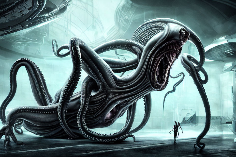 Giant alien creature with tentacles in futuristic hangar with humanoid figure