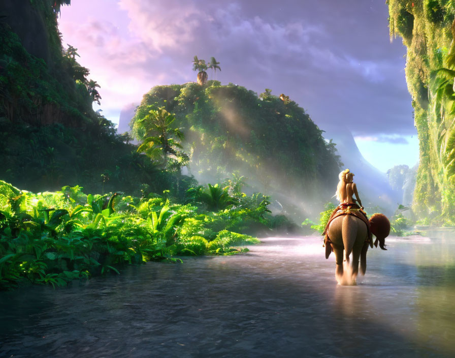 Woman riding elephant with dog in lush river scene under purple sky