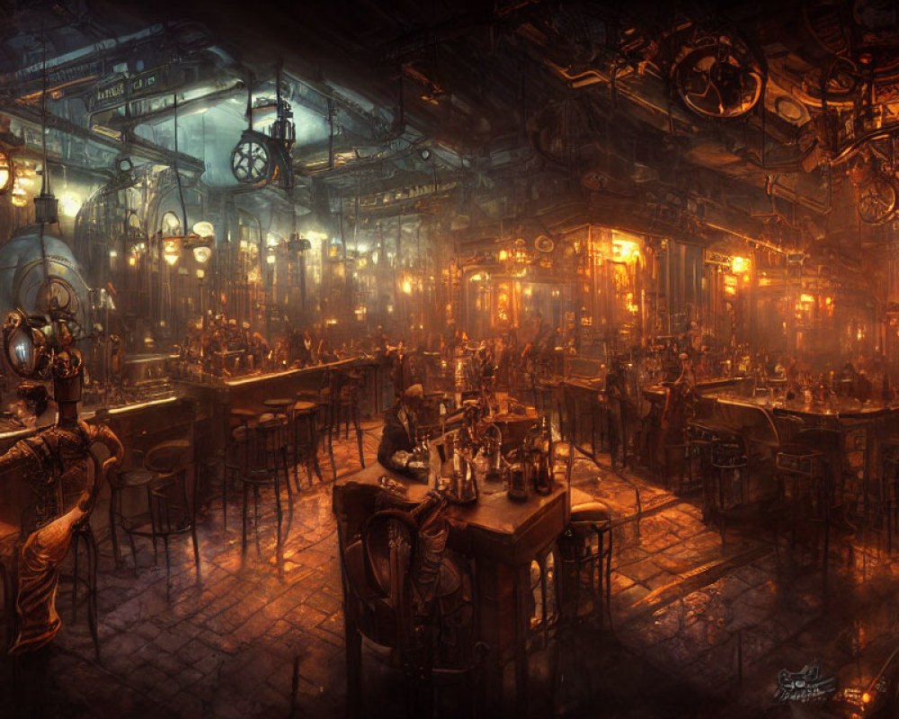 Dimly-Lit Steampunk Tavern with Patrons and Ornate Metalwork