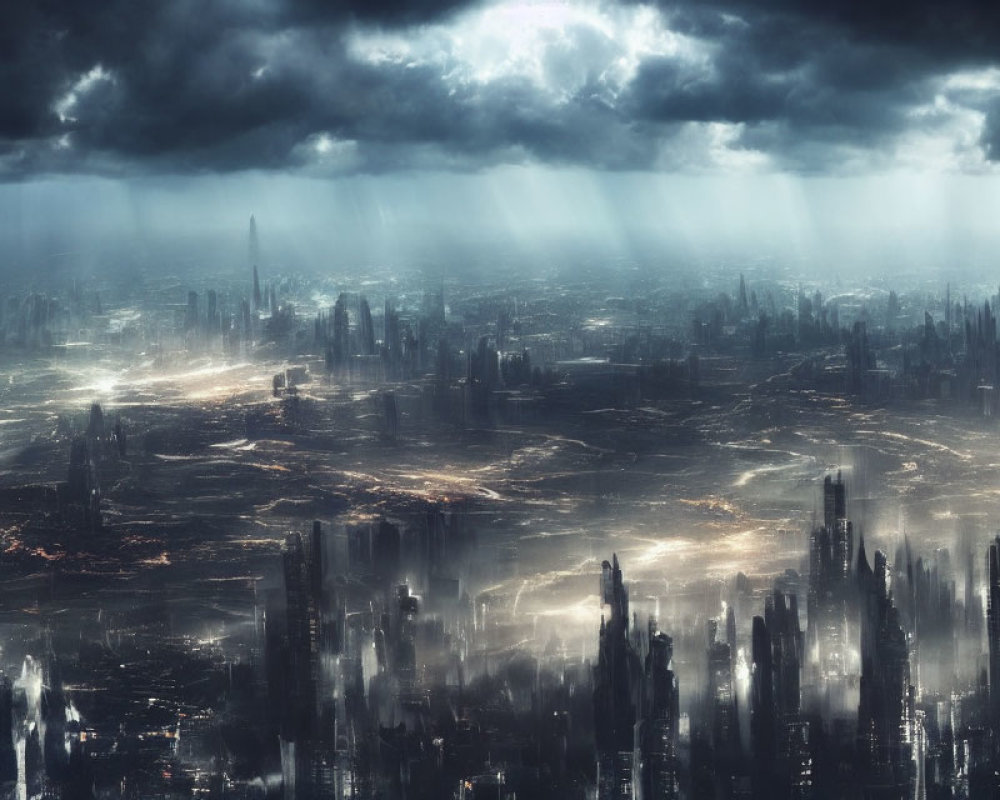 Dystopian cityscape under stormy skies with sunlight piercing through clouds