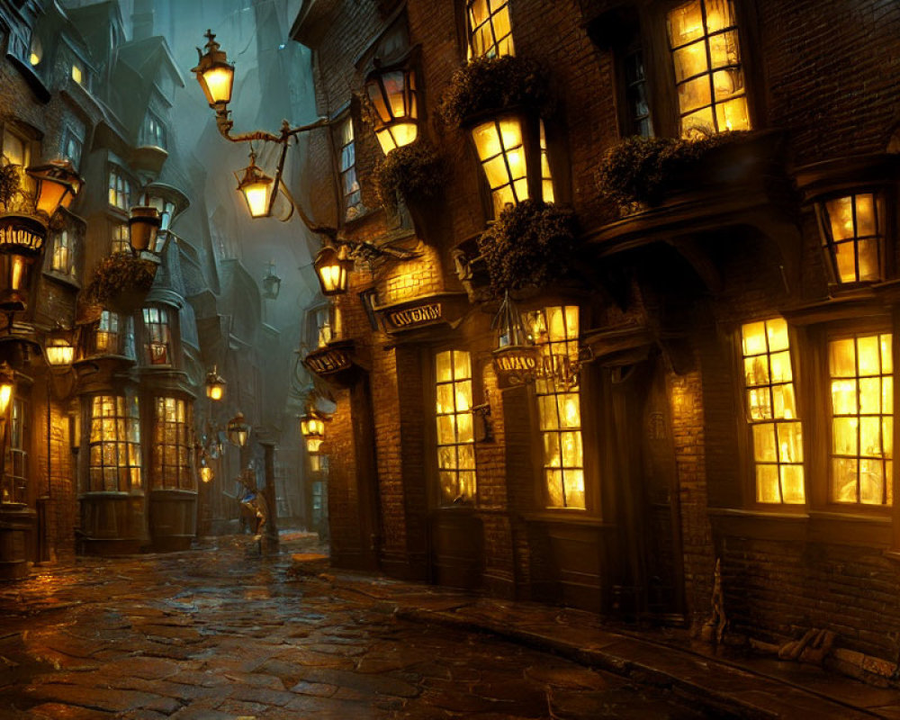 Glowing windows and vintage lanterns in atmospheric cobblestone alley